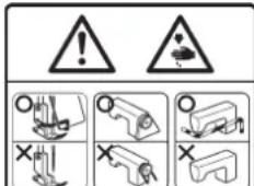 Warning symbols and safety icons for mechanical components, including warning signs, hazard symbols, and various tool icons.