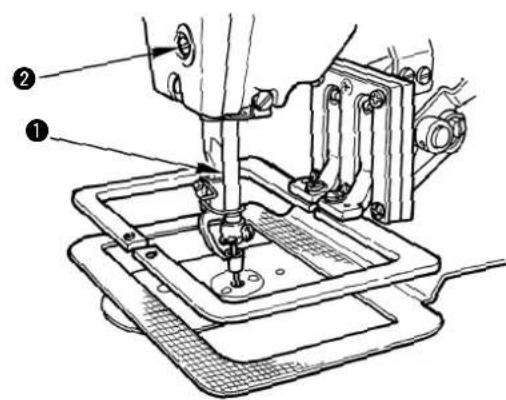Technical diagram of a sewing machine with labeled parts, showing mechanical components and base structure.