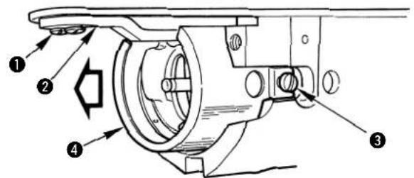 Technical diagram of a mechanical assembly with numbered components and directional arrows indicating motion or flow.