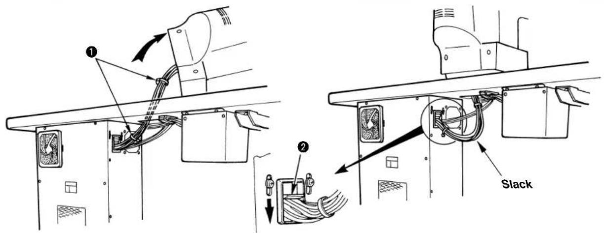 Technical diagram showing cable installation and rack assembly with labeled components
