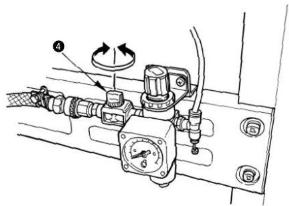 Technical diagram of a mechanical pressure regulator with labeled component 4 and rotation arrow