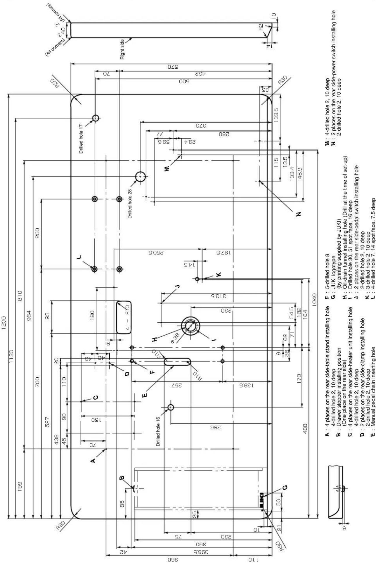 1200 1130 810 964 700 527 438 45 90 110 20 93 200 R30 A 70 150 C 40 40 180 L Drilled hole 17 (R30) (All corners) 2 2 (All corners) Right side 42 85 B D C C D E F H φ.36 R10 257 286 139.5 φ.36 I J K Drilled hole 28 M 53.6 77 23.4 373 280 197.5 500 432 570 360 398.5 390 230 110 R30 21 50 G 170 62 71 54.5 182 184 1040 N 115 13.5 133.4 146.9 R30 R2 10 A: 4 places on the rear side-table stand installing hole 4-drilled hole 2, 10 deep B: Drawer stopper installing position (One place on the rear side) C: 4 places on the rear side-heater unit installing hole 4-drilled hole 2, 10 deep D: 2 places on the rear side-clamp installing hole 2-drilled hole 2, 10 deep E: Manual pedal chain inserting hole F: 5-drilled hole 8 G: JUKI logotype (by printing supplied by JUKI) H: Oil-drain funnel installing hole (Drill at the time of set-up) I: Drilled hole 30, 51 spot face, 16 deep J: 2 places on the rear side-pedal switch installing hole 2-drilled hole 2, 10 deep K: 3-drilled hole 2, 10 deep L: 4-drilled hole 7, 14 spot face, 7.5 deep M: 4-drilled hole 2, 10 deep N: 2 places on the rear side-power switch installing hole 2-drilled hole 2, 10 deep