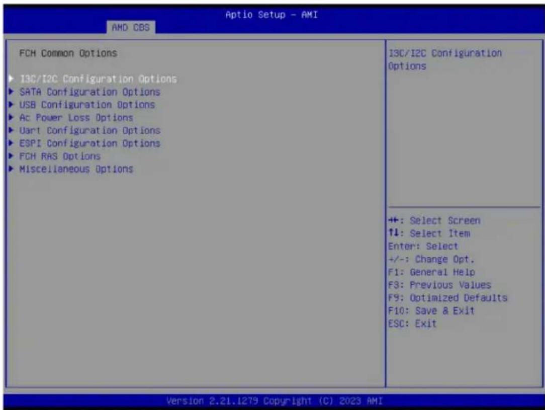 Aptio Setup - AMI AMD CBS FCH Common Options ► I3C/I2C Configuration Options ► SATA Configuration Options ► USB Configuration Options ► Ac Power Loss Options ► Uart Configuration Options ► ESPI Configuration Options ► FCH RAS Options ► Miscellaneous Options I3C/I2C Configuration Options +: Select Screen ↑↓: Select Item Enter: Select +/-: Change Opt. F1: General Help F3: Previous Values F9: Optimized Defaults F10: Save & Exit ESC: Exit Version 2.21.1279 Copyright (C) 2023 AMI