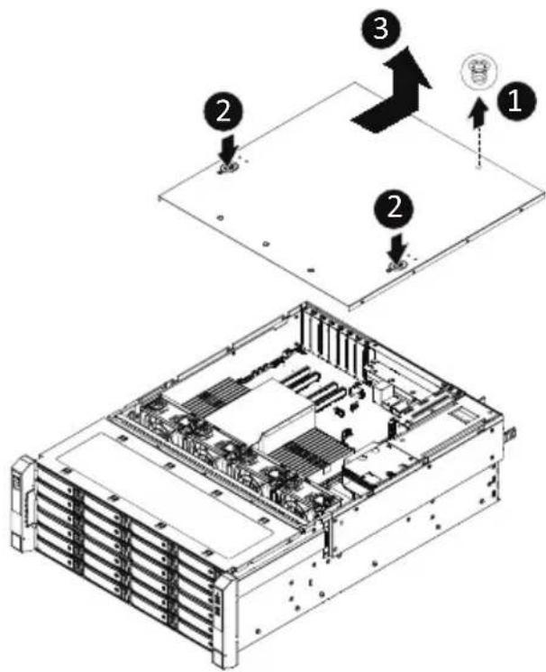 Technical diagram showing server rack installation with labeled components and assembly view