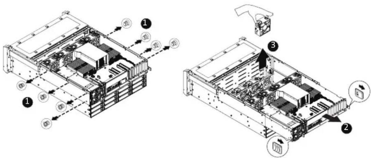 Technical diagram of a server rack with labeled components and directional arrows indicating assembly or movement.