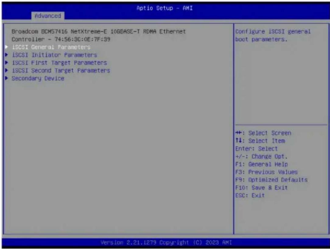 Broadcom BCH57416 NetXtreme-E 10GBASE-T RDMA Ethernet Controller - 74:56:3C:0E:7F:39 ► ISCSI General Parameters ► ISCSI Initiator Parameters ► ISCSI First Target Parameters ► ISCSI Second Target Parameters ► Secondary Device Configure iSCSI general boot parameters. +: Select Screen ↑↓: Select Item Enter: Select +/-: Change Opt. F1: General Help F3: Previous Values F9: Optimized Defaults F10: Save & Exit ESC: Exit Version 2.21.1279 Copyright (C) 2023 AMI