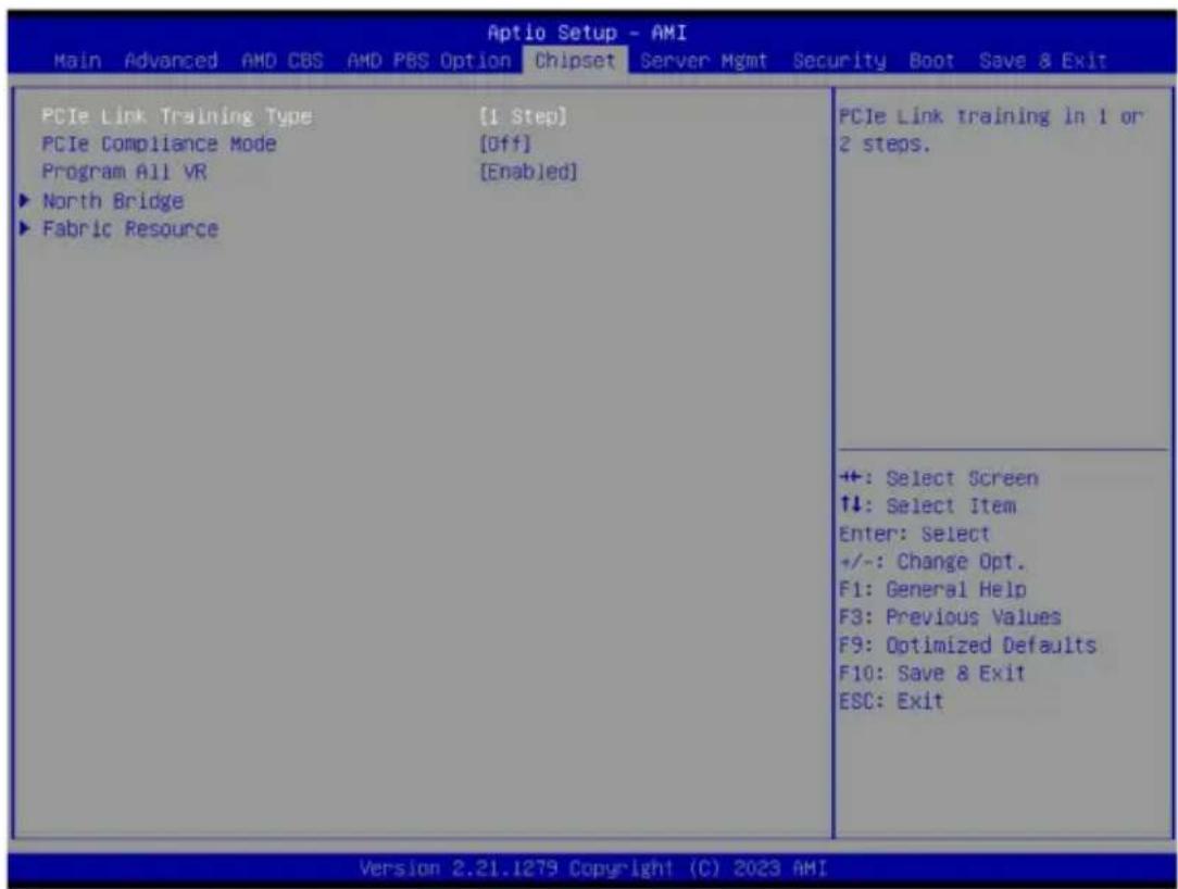 Aptio Setup - AMI Main Advanced AMD CBS AMD PBS Option Chipset Server Mgmt Security Boot Save & Exit PCIe Link Training Type [1 Step] PCIe Compliance Mode [Off] Program All VR [Enabled] ► North Bridge ► Fabric Resource PCIe Link training In 1 or 2 steps. ++: Select Screen ↑↓: Select Item Enter: Select +/-: Change Opt. F1: General Help F3: Previous Values F9: Optimized Defaults F10: Save & Exit ESC: Exit Version 2.21.1279 Copyright (C) 2023 AMI