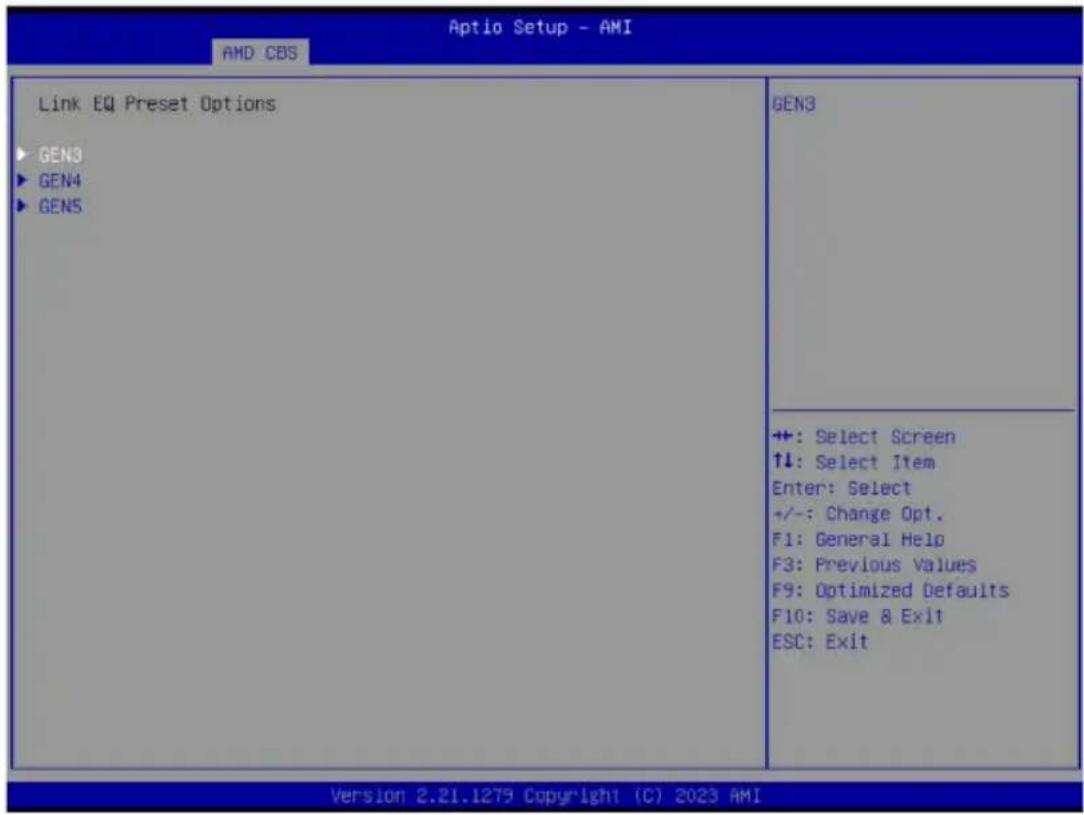 Aptio Setup - AMI AMD CBS Link EQ Preset Options GEN3 GEN4 GEN5 GEN3 +: Select Screen ↑↓: Select Item Enter: Select +/-: Change Opt. F1: General Help F3: Previous Values F9: Optimized Defaults F10: Save & Exit ESC: Exit Version 2.21.1279 Copyright (C) 2023 AMI