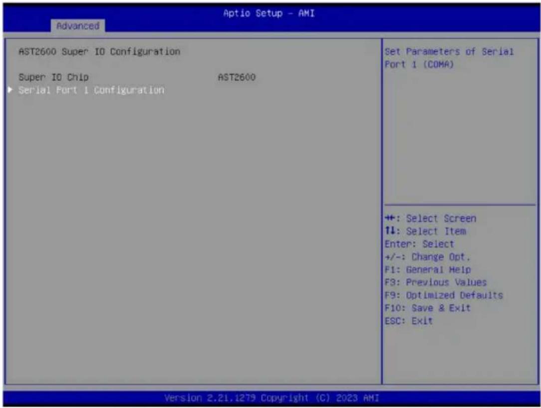 Advanced AST2600 Super IO Configuration Super IO Chip AST2600 Serial Port 1 Configuration Set Parameters of Serial Port 1 (COMA) +: Select Screen ↑↓: Select Item Enter: Select +/-: Change Opt. F1: General Help F3: Previous Values F9: Optimized Defaults F10: Save & Exit ESC: Exit Version 2.21.1279 Copyright (C) 2023 AMI