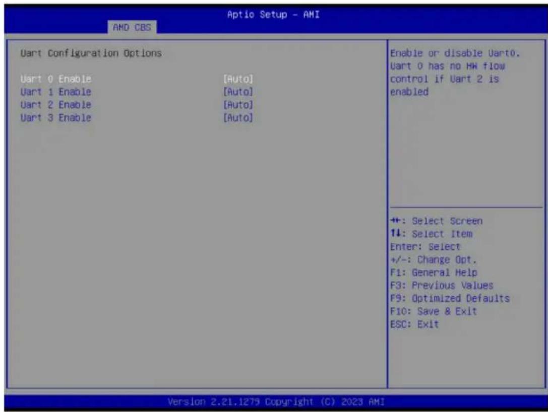 Aptio Setup - AMI AMD CBS Uart Configuration Options Uart 0 Enable [Auto] Uart 1 Enable [Auto] Uart 2 Enable [Auto] Uart 3 Enable [Auto] Enable or disable Uart0. Uart 0 has no HW flow control if Uart 2 is enabled +: Select Screen ↓: Select Item Enter: Select +/-: Change Opt. F1: General Help F3: Previous Values F9: Optimized Defaults F10: Save & Exit ESC: Exit Version 2.21.1279 Copyright (C) 2023 AMI