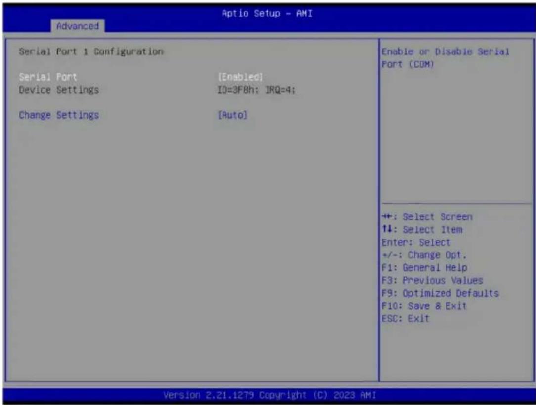 Advanced Serial Port 1 Configuration Serial Port [Enabled] Device Settings IO=3F8h: IRQ=4; Change Settings [Auto] +:-: Select Screen ↑↓: Select Item Enter: Select +/-: Change Opt. F1: General Help F3: Previous Values F9: Optimized Defaults F10: Save & Exit ESC: Exit Enable or Disable Serial Port (COM) Version 2.21.1279 Copyright (C) 2023 AMI