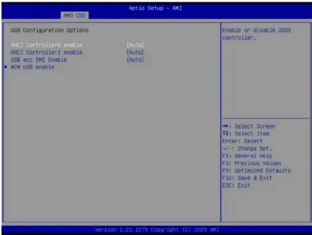 Aptio Setup - AMI AMD CBS USB Configuration Options XHCI Controller0 enable [Auto] XHCI Controller1 enable [Auto] USB ecc SMI Enable [Auto] ▶ MCM USB enable Enable or disable USB3 controller. +: Select Screen ↑↓: Select Item Enter: Select +/-: Change Opt. F1: General Help F3: Previous Values F9: Optimized Defaults F10: Save & Exit ESC: Exit Version 2.21.1279 Copyright (C) 2023 AMI