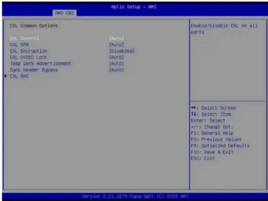 Aptio Setup - AMI AMD CBS CXL Common Options CXL Control [Auto] CXL SFM [Auto] CXL Encryption [Disabled] CXL DVSEC Lock [Auto] Temp Gen5 Advertisement [Auto] Sync Header Bypass [Auto] ▶ CXL RAS Enable/Disable CXL on all ports +: Select Screen ↑↓: Select Item Enter: Select +/-: Change Opt. F1: General Help F3: Previous Values F9: Optimized Defaults F10: Save & Exit ESC: Exit Version 2.21.1279 Copyright (C) 2023 AMI