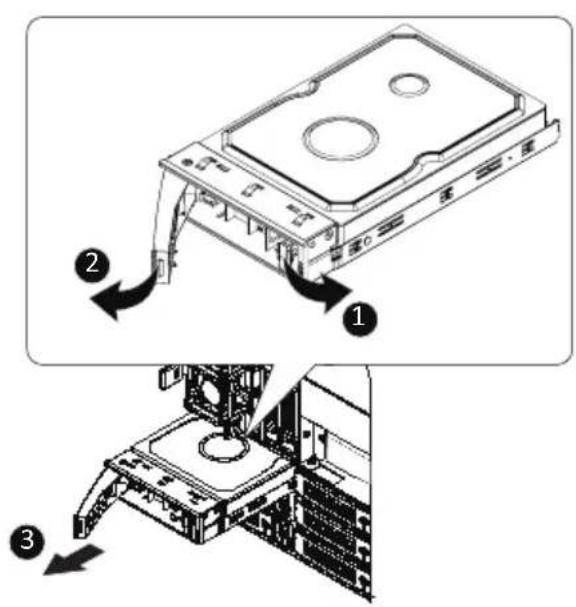 Technical diagram showing assembly steps of a hard disk drive with labeled components and directional arrows