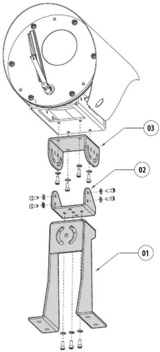 Technical diagram of a mechanical device with labeled parts (01, 02, 03), showing exploded view and assembly details.