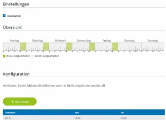 Einstellungen Heschalten Übersicht Montag Dienstag Mittwoch Donnerstag Freitag Samstag Sonntag WLAN eingeschaltet WLAN ausgeschaltet Konfiguration Hier können Sie die Zeitintervalle definiären, wann ihr WLAN eingeschaltet werden soll. + Inzufügen Zeitraum von In Mio-IV 18:00 24:00
