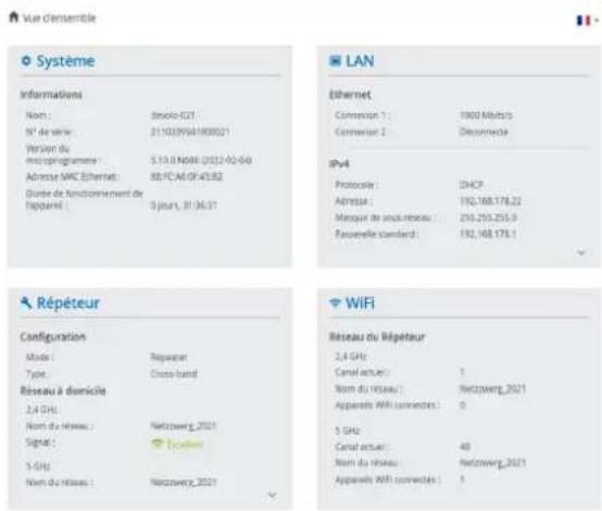 Vue d'ensemble Systeme Informations Nord : Device:021 N° de valeur : 21103994800021 Version du microprogramme : 5.10.8 N684 (2012-02-04) Adresse MAC Ethernet : 88:FCA6.0F45.82 Groupe de fonctionnement de Répareil : 9 jours, 31:36:31 LAN Ethernet Conversion 1 : 1900 Mobiles Conversion 2 : Disconnecte IPv4 Protociale : DHCP Adresse : 192,168.178.22 Marque de ouk/reseau : 253,255.255.9 Passerelle standard : 192,168.178.1 Répéteur Configuration Mode : Repainer Type : Cross-band Réseau à domicile 2,4 GHz : Nom du réseau : Netzberg_2021 Signal : Exporter 5 GHz : Nom du réseau : Netzberg_2021 WIFI Réseau du Répéteur 2,4 GHz : Canal actuer : 1 Nom du réseau : Netzberg_2021 Apparels WiFi connectés : 0 5 GHz : Canal actuer : 40 Nom du réseau : Netzberg_2021 Apparels WiFi connectés : 1