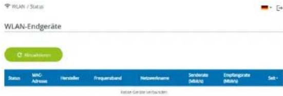 WLAN / Status WLAN-Endgeräte Status: MAC Address Hersteller Frequenzband Netowername Senderate (MHz) Empfangsrate (MHz) Set - Kontes Gewerter verbundenen