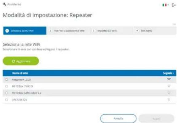 Modalità di impostazione: Repeater Seleziona la rete WiFi Seleziona la rete WiFi Seleziona la rete con cui deve collegarsi il repeater. Aggiornere Name di rete Segnale Nettoverg_2021 EIR12Box 75HCX FRETBox 648G Calibre 2.4 UPC92M6726 Annola Regist