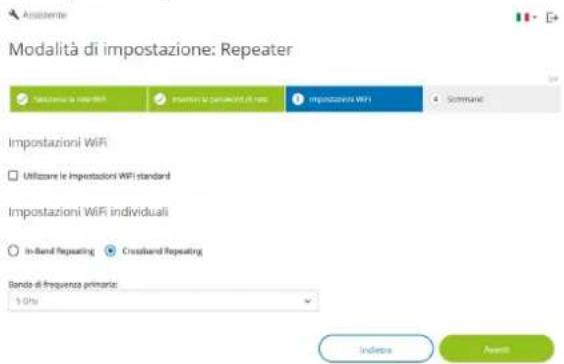 Modalità di impostazione: Repeater Importo la Sapp FiFi Importo la Sanità FiFi e rato Impostazioni WiFi Impostazioni WiFi Utilizzare le Impostazioni WiFi standard Impostazioni WiFi individuali In-band repeating Crossband repeating Banda di frequenza primaria: 1.0% Indirese Avanti