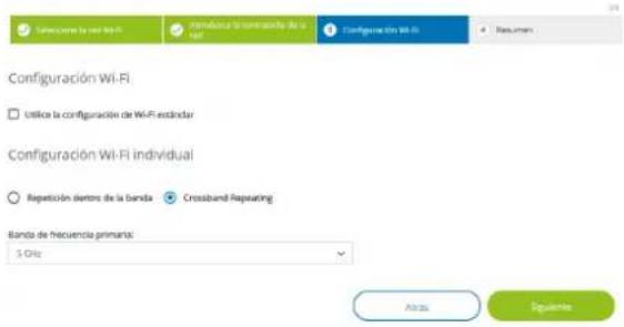 Setupo que la set se si intenduta la contrapada de la start Configuración Wi-Fi Resumen Configuración Wi-Fi: Utilice la configuración de Wi-Fi estándar Configuración Wi-Fi individual Repetición dierrón de la banda Crossband Repulsing Bando de frecuencia primera: 5 Gto Alias Seguero