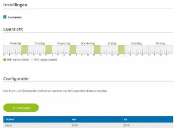 Instellingen Inschakkelern Overzicht Maandag Olnadag Woensdag Donderdag Vrijdag Zuerdag Zondag WiFi ingeschakeld WiFi uitgeschakeld Configuratie Hier kurst u de tijdsperiodes definieren manner we WiFi ingeschakeld moel worden. Tieslagen Geised van tot Mare 18.00 24.00