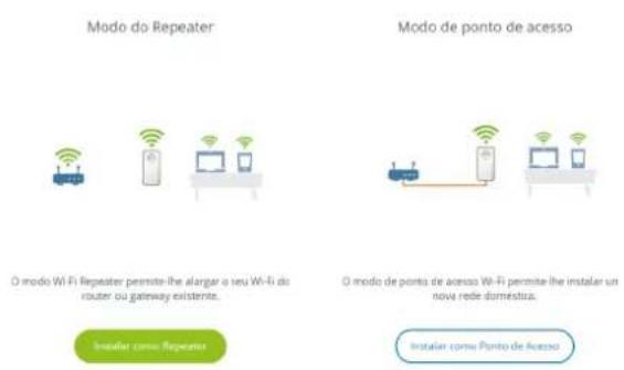 Modo do Repeater O modo Wi-Fi Repeater permite lhe alargar o seu Wi-Fi do router ou gateway existente. Modo de ponto de acesso O modo de ponto de acesso Wi-Fi permite lhe instalar un nova rede doméstica. Installer como Repeater Installer como Punto de Acesso