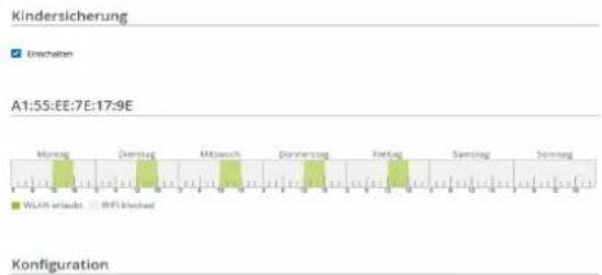 Kindersicherung Einzelten A1:55:EE:7E:17:9E Mörsag Dänstag Mitswisch Dönningstag Fienlag Samsung Spontag WLAN erlaubt IHT blocked Konfiguration