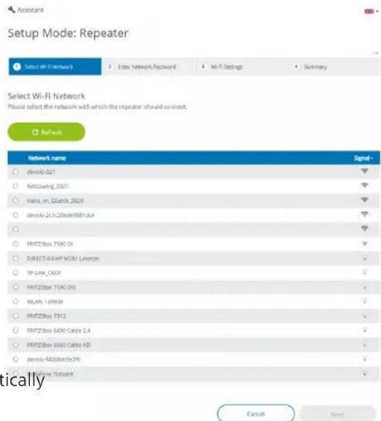Setup Mode: Repeater Select Wi-Fi Network Enter Network Password Wi-Fi Settings Summary Select Wi-Fi Network Please select the network with which the repeater should connect. Refresh Network name Signal - dwnk0-021 Nettzzweng_2021 Hans_in_Gluibik_2029 dwnk0-241c20ede35810x4 FRITZBox 750C-54 DIRECT-46HP MOI Linearer TP-Ure_C50X FRITZBox 750C-06 WLAN-14999 FRITZBox 7512 FRITZBox 640C-Cable 2.4 FRITZBox 640C-Cable AD denio-46080dc391 FRITZBox Network Cancel Next