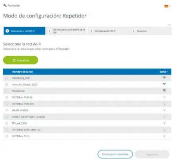 Mode de configuración: Repetidor Selección la red Wi-Fi 1. Produciría con total parte de la 795 2. Configación Hi-Fi 3. Resources 4. Actualista Selección la red Wi-Fi Selección la red a las que dete ser constarse el Repeater. Nombre de la red Serial - NEZWONG_2021 Hans_Jm_Gland_2020 Dypla_054 EHTZBox 7596 Dx EHTZBox 7596 OIS WLAN_149909 DIRECT-68 HP MGB1 Lasangd TP-Link_C064 EHTZBox 6296 Cable 2A EHTZBox 75972 Interruptión abortiva Regulares