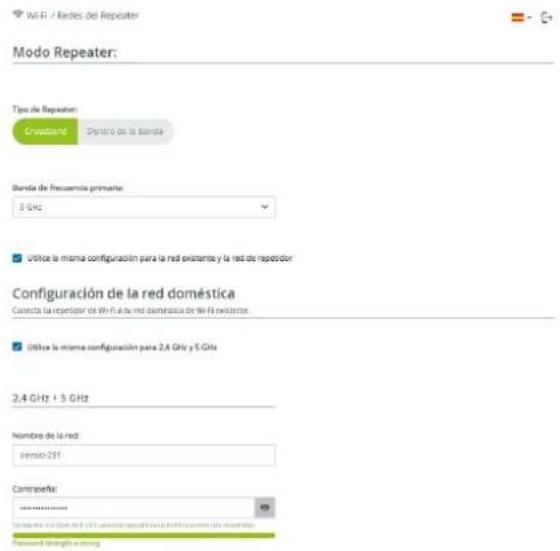 Wi-Fi / Redes del Repeater Modo Repeater: Type de Repeater: Crodaand Dentro de la banda Banda de frecuencia primante: 5 GHz Utilice la misma configuración para la red existente y la red de repetidor Configuración de la red doméstica Correcta la repetidor de Wi-Fi a la red doméstica de Wi-Fi existente. Utilice la misma configuración para 2,4 GHz y 5 GHz 2,4 GHz + 5 GHz Nombre de la red: davio-231 Contraveña: davio-231 Informe de la red de la red de la red de la red de la red de la red de la red de la red de la red de la red de la red de la red de la red de la red de la red de la red de la red de la red de la red de la red de la red de la red de la red de la red de la red de la red de la red de la red de la red de la red de la red de la red de la red de la red Password outweighs a wrong.
