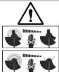 Warning symbol with hazard symbol and three hand icons indicating hazard zones
