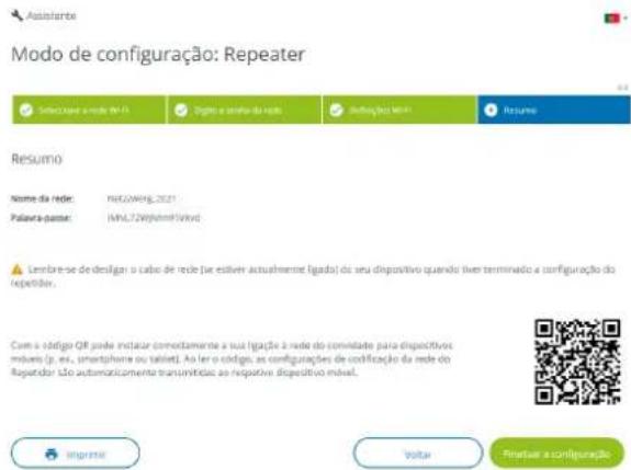 Asistante Modo de configuração: Repeater São/Case a rede: No 1 Diário e atento da rede Dotações Mio Resume Resumo Nome da rede: PRA20496_2021 Palavá-gaster: INNL720000000000000 Lambre-se de designar o cabo de rede (se estiver actualmente ligada) do seu dispositivo quando tiver terminado a configuração do repetida. Cum a código QR pode instatir comodamente a sua ligação à rede do comidade para dispositivos muitos (p. ex., smartphones ou tablet). Ao ler o edige, as configurações de codificação da rede do Repetador São automaticamente transmitidas ao relativo dispositivo malaI. Importe Valor Pratuar a configuração