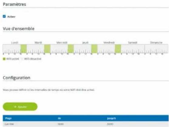 Paramètres Activer Vue d'ensemble Lundi Mardi Mercredi Jeudi Vendredi Samedi Dimanche Configuration Vous pouvez définir ici les intervalles de temps où votre WiFi doit être active. + - Analyte Page de jours? Sun Ver: 18:00 24:00