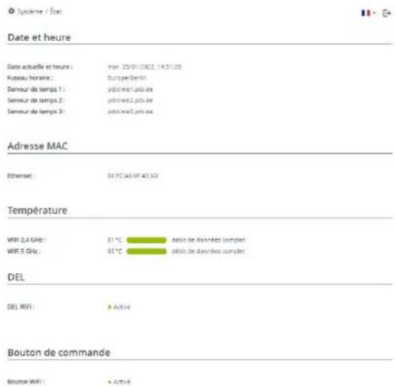 Système / Étac Date et heure Date actuelle et heure : mar. 25/01/2022.14:31:28 Puseau horaire : Europe Berlin Serveur de temps 1 : p600me1.p60 de Serveur de temps 2 : p600me2.p60 de Serveur de temps 3 : p600me3.p60 de Adresse MAC Ethernet : 03 FC A6 09 43 SD Température WIFI 2,4 GHz : 07 °C delot de données comptet WIFI 5 GHz : 07 °C delot de données comptet DEL DEL WIFI : # Active Bouton de commande Bouton WIFI : # Active