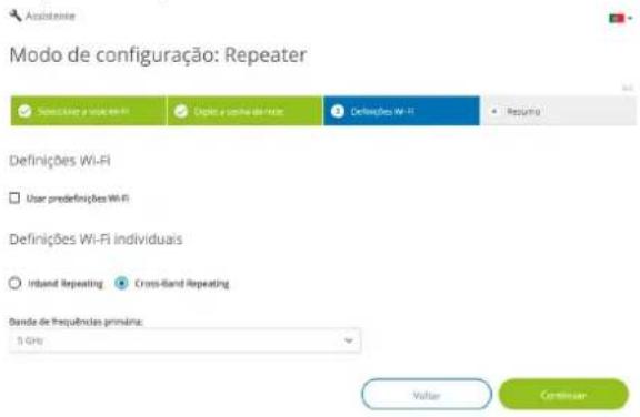Modo de configuração: Repeater Seque Use a voice Wi-Fi Digital audio de mask Crlinações Wi-Fi Request Definições Wi-Fi User predefinições Wi-Fi Definições Wi-Fi individuais Inband Repeating Cross-Band Repeating Dande de frequências primária: 5 Grc Vallar Continue