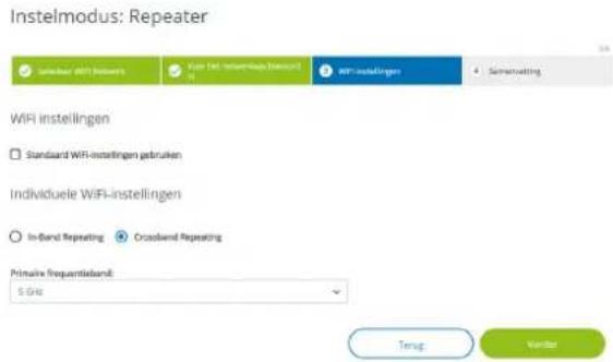 Instelmodus: Repeater Sachbar WiFi Network Vort (vt. installers, download) WiFi installinger Sarmvatting WiFi instellingen Standard WiFi-instellingen gebruiken Individuelle WiFi-instellingen In-Band Repeating Crossband Repeating Primäre Frequenziand: 5 Grc Trug Vendor