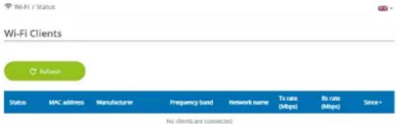 Wi-Fi / Status Wi-Fi Clients Rushah Status MAC address Manufacturer Frequency band Network name Tx rate (Mbps) Rx rate (Mbps) Since * No clients are connected