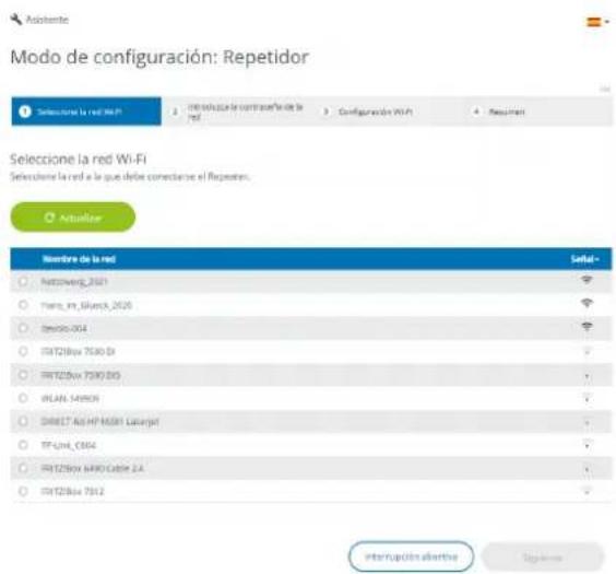 Mode de configuración: Repetidor Señezón la red Wi-Fi 1. Introduzía la contraste de la red 2. Configuración Wi-Fi 3. Recursión Selección la red Wi-Fi Selección la red a la que debe conectar el Repetidor. Actualizar Nombre de la red Serial - Netzileng_2021 Piano_III_Skyersk_2026 Dendro_004 SRTZBox 7580 D3 SRTZBox 7590 D5 WLAN 549909 DIRECT A6HP MS81 Lasargar TP-Link_C064 SRTZBox 6480 Cable 2.4 SRTZBox 7512 Interrupción aldarlos Signa