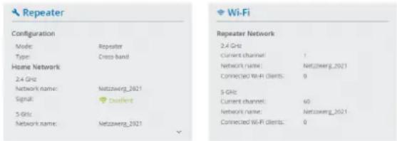 Repeater Configuration Mode: Repeater Type: Cross-band Home Network: 2.4 GHz Network name: Netzowerg_2021 Signal: ✉ Excellent 5 GHz Network name: Netzowerg_2021 Wi-Fi Repeater Network 2.4 GHz Current channel: 1 Network name: Netzowerg_2021 Connected Wi-Fi Clients: 0 5 GHz Current channel: 60 Network name: Netzowerg_2021 Connected Wi-Fi Clients: 0