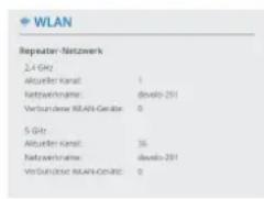 WLAN Repeater-Netzwerk 2.4 GHz Aktueller Kanat: 1 Netzwehrnahme: dewalo-291 Verbundere WLAN-Geläse: 0 5 GHz Aktueller Kanat: 36 Netzwehrnahme: dewalo-291 VerGurlöse WLAN-Coniz: 0