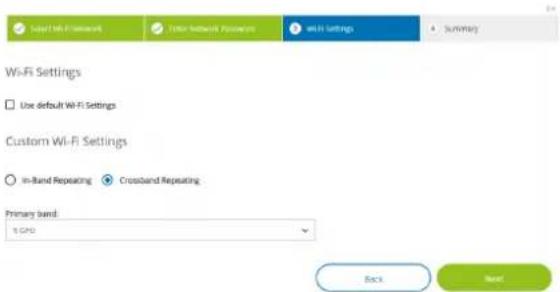 I-lead Wi-Fi network Critic network Passages Wi-Fi Settings Summary Wi-Fi Settings Use default Wi-Fi Settings Custom Wi-Fi Settings In-Band Repeating Crossband Repeating Primary band: 1 GHz Back Next
