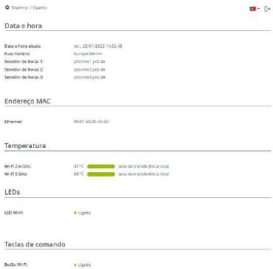Sistema / Estado Data e hora Data e hora ativda: 19.12/01/2022 14:22:48 Fuso horizont: Europa/Senion Servidor de horas 1: piocima41.poi.de Servidor de horas 2: piocima2.poi.de Servidor de horas 3: piocima3.poi.de Endereço MAC Ethernet: 88 FC A6 05-43 SD Temperatura Wi-Fi 2.4 GHz: 81°C maxo transferência total Wi-Fi 5 GHz: 85°C maxo transferência total LEDs LED Wi-Fi: Uigado Teclas de comando Buda Wi-Fi: Uigado