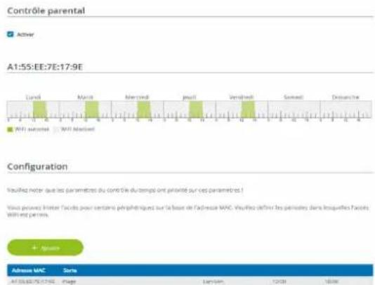 Contrôle parental A1:55:EE:7E:17:9E Lundi Mauri Mercredi Jeudi Verghindi Samedi Désanche WIFI auécheil WIFI Marchéil Configuration Visérées noteur dans les paramètres du contrôle du temps ont priorité sur ces paramètres ! Visu prévus l'inter l'accès pour certains préphètrique sur le bout de l'adresse MNC. Visérées définir les patrimisés dans l'étouilles facets. WIFI est permis. + ###