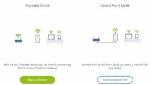Repeater Mode With the Wi-Fi Repeater Mode, you can extend your waiting 90 Fi from your Router or Gateway. Install as Repeater Access Point Mode With the Wi-Fi Access Point Mode, you setup a new Wi-Fi for your Home. Install as Access Point