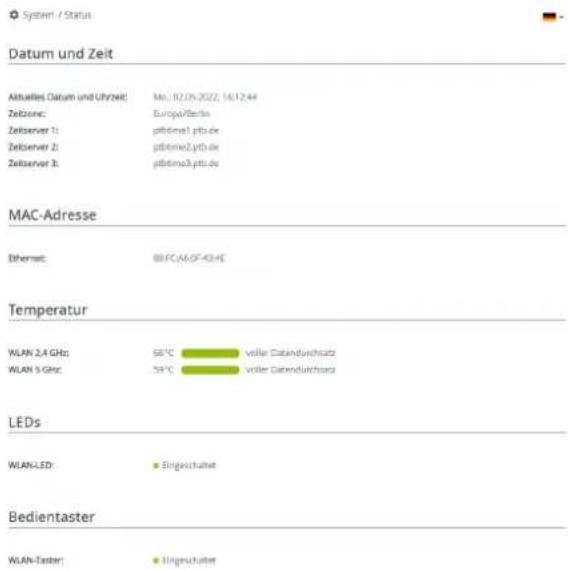 Datum und Zeit Aktuelles Datum und Uhrzeit: Mon. 12/05/2022, 16/12:44 Zeizone: Europa/Berlin Zeitserver 1: pbltime1.pbt.de Zeitserver 2: pbltime2.pbt.de Zeitserver 3: pbltime3.pbt.de MAC-Adresse Ethernet: BBPC/A5/CF-43+E Temperatur WLAN 2.4 GHz: 68°C voller Datandurchsatz WLAN 5 GHz: 59°C voller Datandurchsatz LEDs WLAN-LED: Eingeschaltet Bedientaster WLAN-Taster: Eingeschaltet