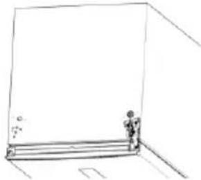 Simple line drawing of a room with a person standing near a ladder (no text or symbols)