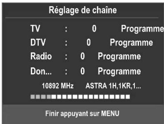 Réglage de chaîne TV : 0 Programme DTV : 0 Programme Radio : 0 Programme Don... : 0 Programme 10892 MHz ASTRA 1H,1KR,1... Finir appuyant sur MENU