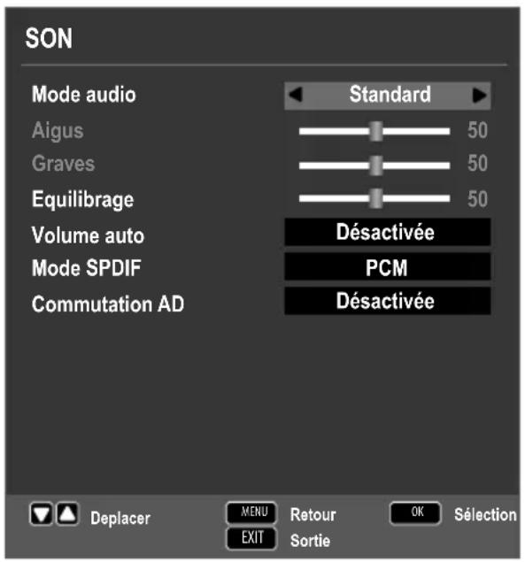 SON Mode audio Standard Aigus 50 Graves 50 Equilibrage 50 Volume auto Désactivée Mode SPDIF PCM Commutation AD Désactivée Deplacer MENU Retour OK Sélection EXIT Sortie