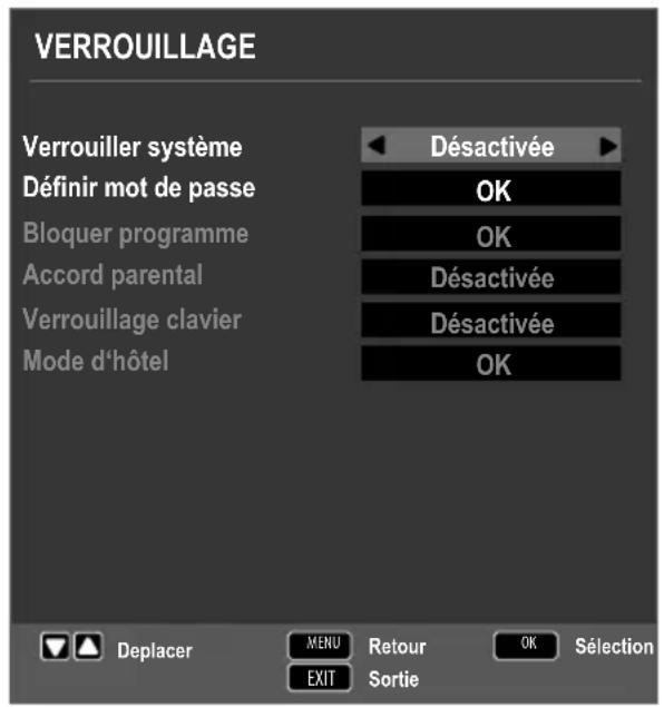 VERROUILLAGE Verrouiller système Définir mot de passe Bloquer programme Accord parental Verrouillage clavier Mode d'hôtel Déactivée OK OK Déactivée Déactivée OK Deplacer MENU Retour OK Sélection EXIT Sortie